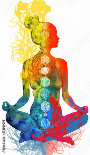 Yogi woman meditating with legs crossed concentrated, Chakras energy visualization in vivid watercolor style vector.
