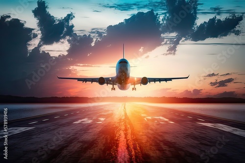 Plane passenger taking off at dawn. Photo generative AI