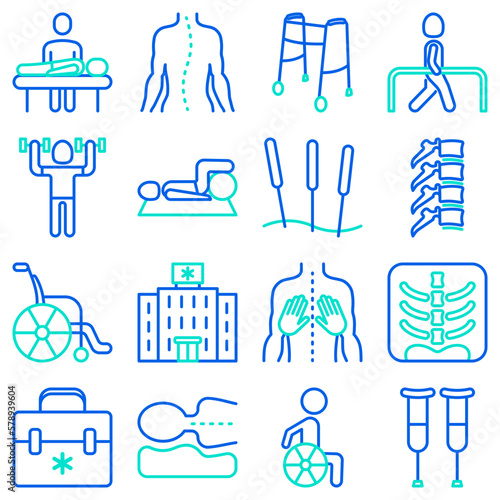 Physiotherapy thin line icons set: rehabilitation, physiotherapist, acupuncture, massage, gymnastics, go-carts, vertebrae; x-ray, trauma, crutches, wheelchair, orthopedic pillow. Vector illustration.