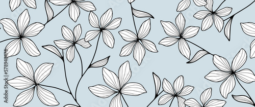 Blue vector background with white flowers for decor, covers, wallpapers, presentations