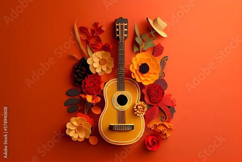 Minimalist modern mexican Cinco de Mayo holiday background,  warm yellow background top view. Flat layout style, generative ai, Minimalist modern mexico  fiesta background with hat, maracas, guitar