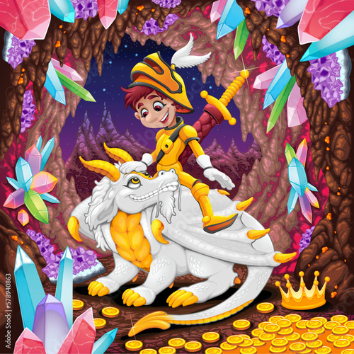 Knight and dragon surrounded by surrounded by quartz and gold. Cartoon vector illustration
