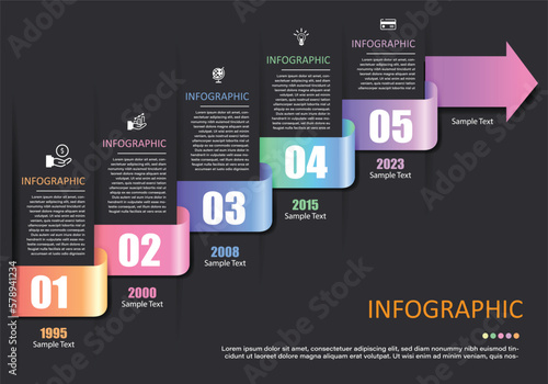 5 step infographic vector, ribbon shape as timeline or step end with arrow showing increase, next step, placed on black gray background to help finance education presentation and business.