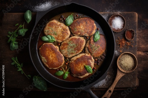 Mutton cutlets seasoned with spices and cooked in a frying pan. Horizontal top down lay. Generative AI