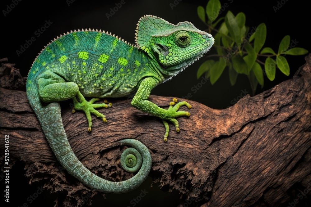 Fototapeta premium A scaly, green reptile, perhaps a chameleon, ascending a tree. Generative AI