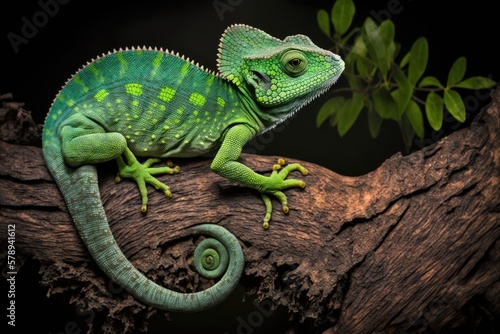 A scaly, green reptile, perhaps a chameleon, ascending a tree. Generative AI