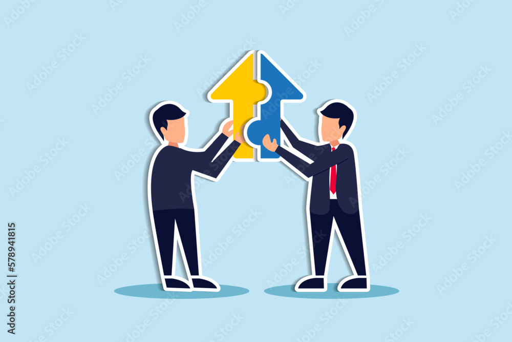 Joint venture business partnership agree to share resource and work together to achieve same goal, merge or acquisition, cooperation concept, businessman connect growth arrow jigsaw puzzle. Joint venture business partnership agree to share resource and work together to achieve same goal, merge or acquisition, cooperation concept, businessman connect growth arrow jigsaw puzzle.