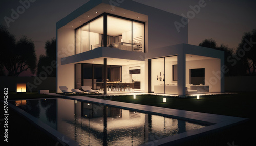 Modern Mediterranean style house design with terrace and swimming pool. at night Generative AI © piai