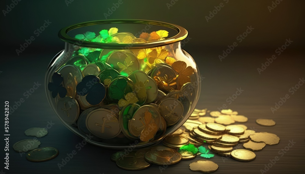 Background with pot of gold full of golden coins, beautiful rainbow and shamrocks, St. Patrick's Day concept, Generative AI Background with pot of gold full of golden coins, beautiful rainbow and shamrocks, St. Patrick's Day concept, Generative AI