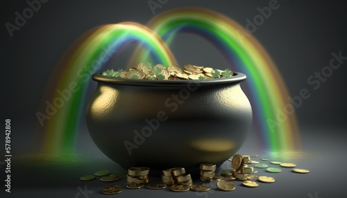 Background with pot of gold full of golden coins, beautiful rainbow and shamrocks, St. Patrick's Day concept, Generative AI