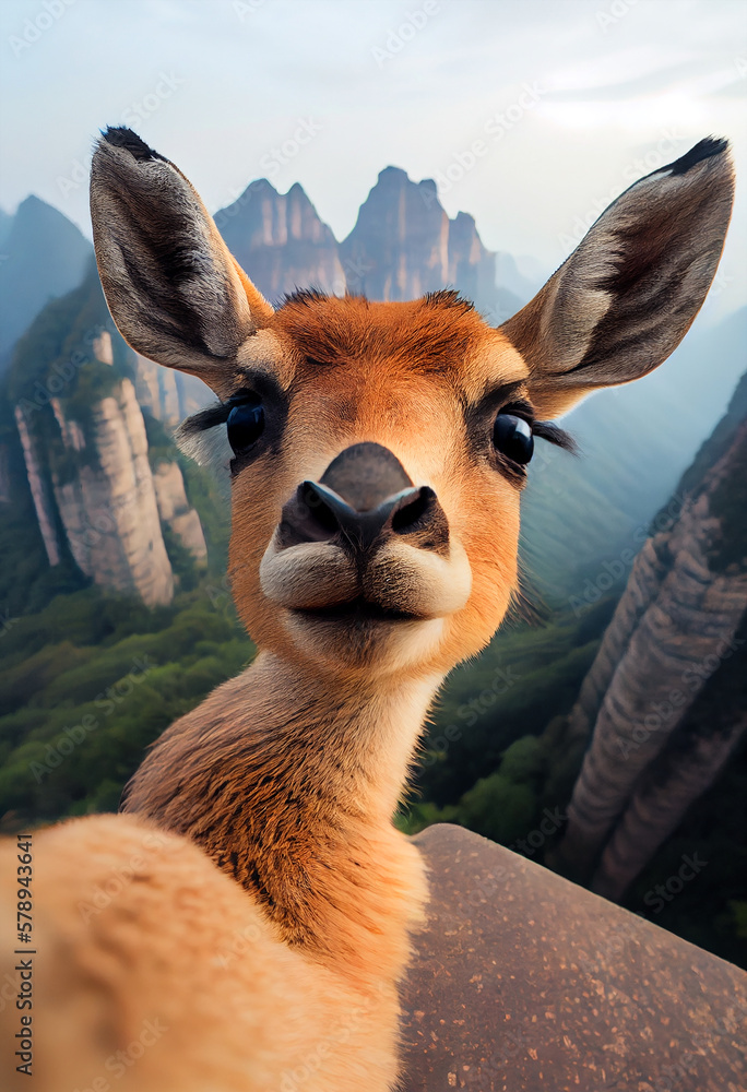  selfie of a cute young deer. Generative AI	