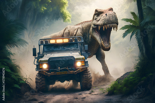 Fototapeta Naklejka Na Ścianę i Meble -  A Tyrannosaurus Rex dinosaur chases an off-road truck through the jungle - Generative AI
