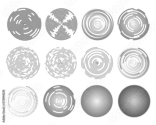 Circle concentric lines. Rippled rings and round sound waves pattern. Radial signal radar signs. Vector abstract sonar isolated on white background