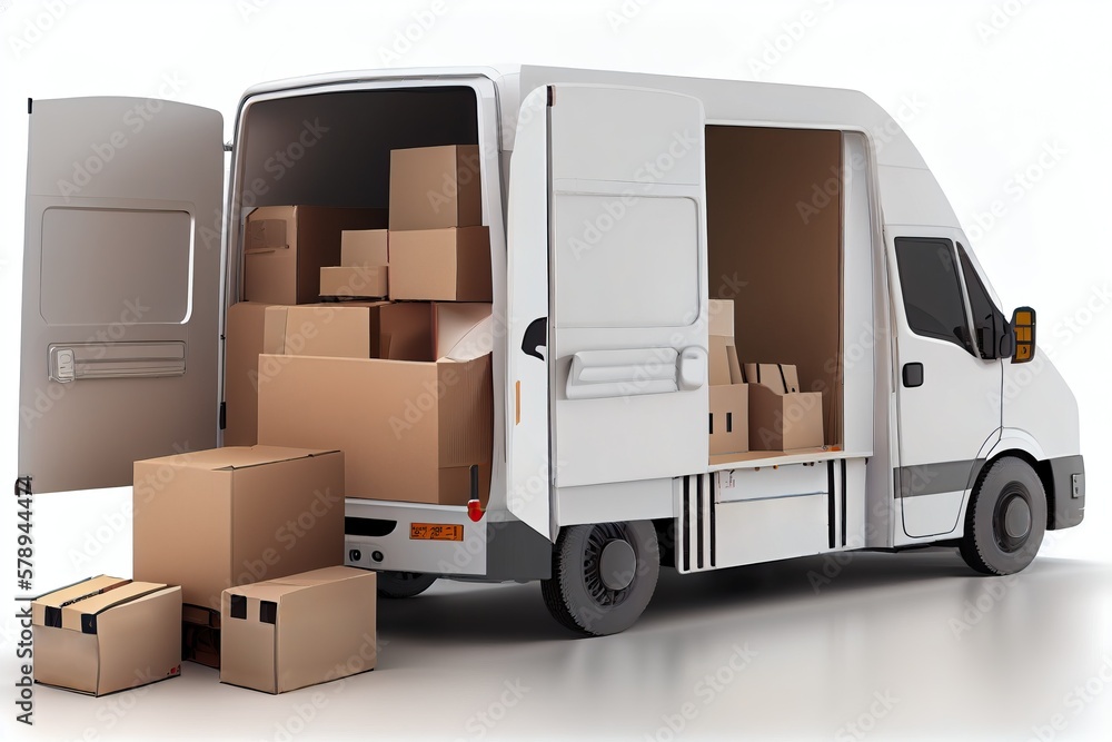 Delivery van with open doors full of packages, generative ai Delivery van with open doors full of packages, generative ai