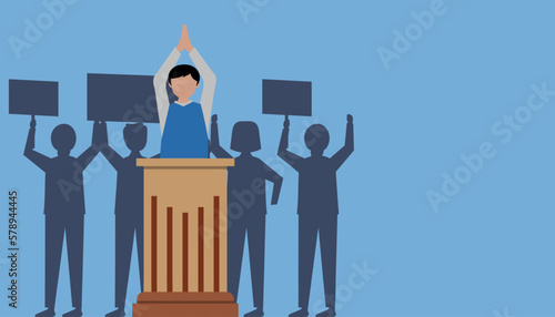 Crowd of people demonstrating silhouette. politics, revolution, takeover, vector, People with banner, and flags, politicians