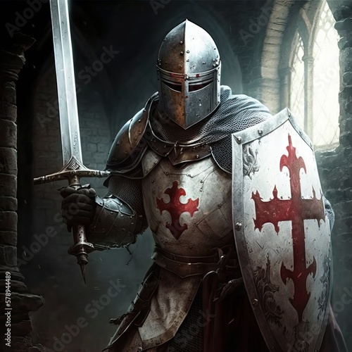 Fotografie, Tablou Medieval knight in full armor with the templars cross in the crusade, generative