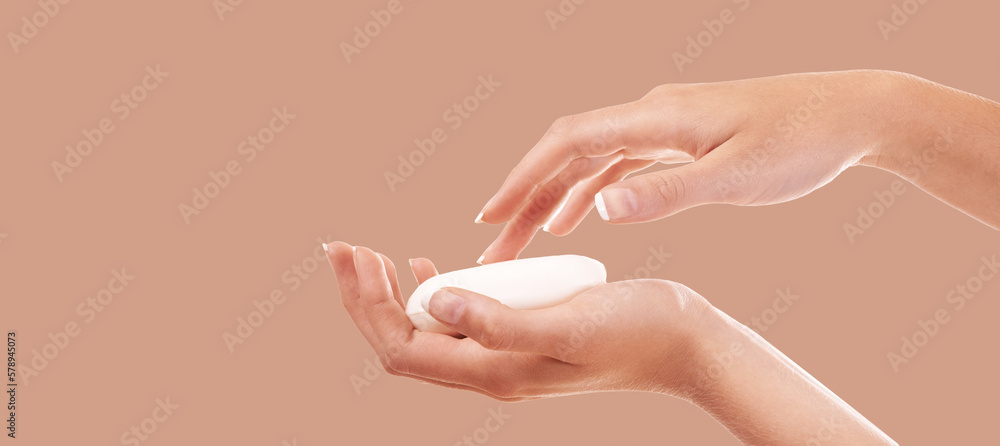Skincare, soap and zoom on washing hands on studio background mockup, product placement and advertising. Cleaning, hygiene and protection from germs, bacteria and organic natural skin care safety.