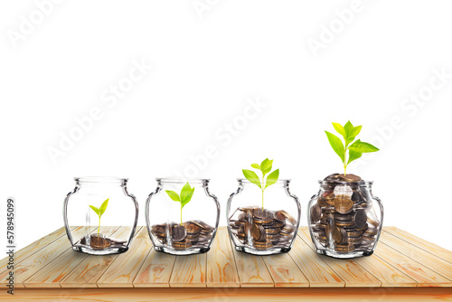 Growing Plants in money in the glass. on transparent background with clipping path, - Investment and Interest Ideas. Money growing plant with fiery light effect - money growing concept.