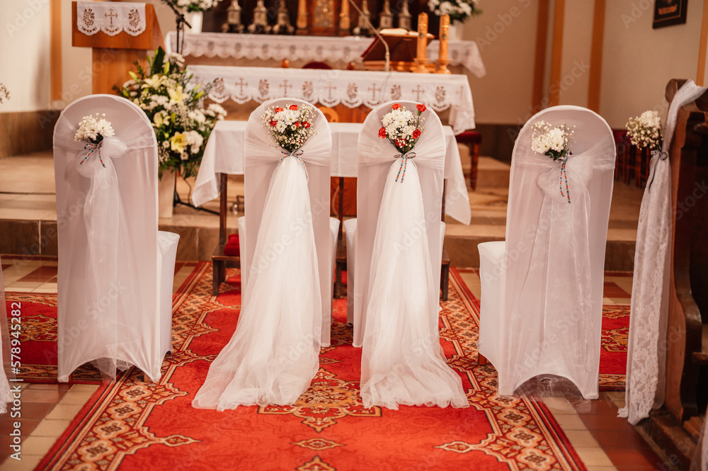 Church wooden bench. Interior view of a modern church with empty pews