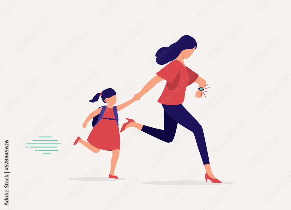 One Mother Running Late For Bringing Her Daughter To School While Checking The Time On Her Watch. Full Length. Flat Design Style, Character, Cartoon.