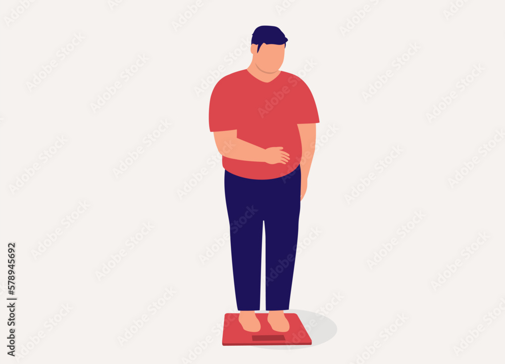 One Sad Overweight Man Standing On A Weighing Machine. Full Length. Flat Design Style, Character, Cartoon. One Sad Overweight Man Standing On A Weighing Machine. Full Length. Flat Design Style, Character, Cartoon.