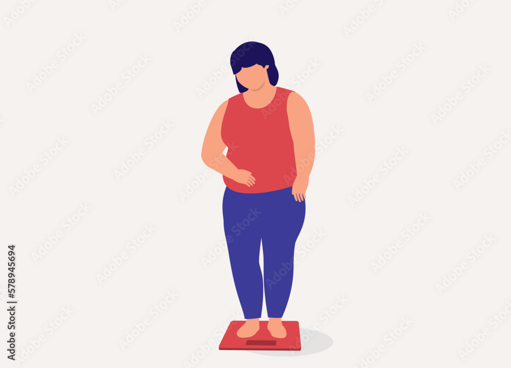 One Sad Overweight Woman Standing On A Weighing Machine. Full Length. Flat Design Style, Character, Cartoon. One Sad Overweight Woman Standing On A Weighing Machine. Full Length. Flat Design Style, Character, Cartoon.