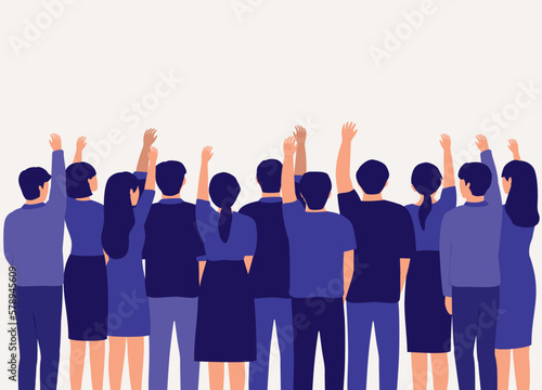 Back View Of A Crowd Of People Raising Up Their Hands. Flat Design Style, Character, Cartoon.