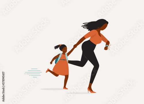 One Black Mother Running Late For Bringing Her Daughter To School While Checking The Time On Her Watch. Full Length. Flat Design Style, Character, Cartoon.