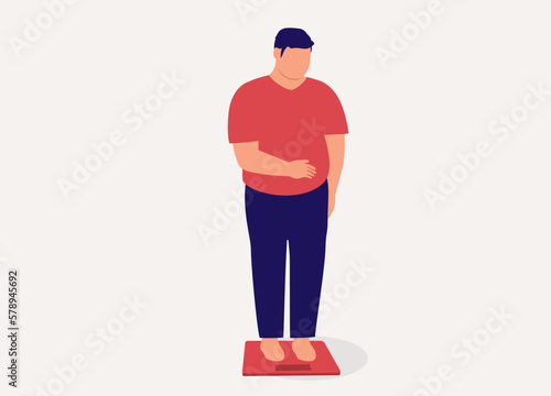 One Sad Overweight Man Standing On A Weighing Machine. Full Length. Flat Design Style, Character, Cartoon.