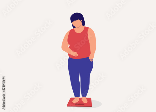 One Sad Overweight Woman Standing On A Weighing Machine. Full Length. Flat Design Style, Character, Cartoon.