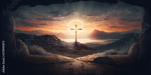 Leinwand Poster Cross of jesus christ on calvary sunset background for good friday he is risen in easter day, Slave hope worship in God