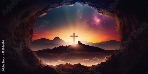 Valokuva Cross of jesus christ on calvary sunset background for good friday he is risen in easter day, Slave hope worship in God