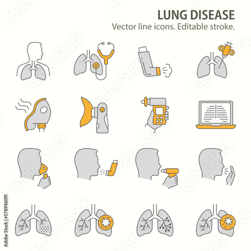 lung disease icons, such as pneumonia, nebulizer, bronchoscopy, bronchitis and more. Vector illustration isolated on white. Editable stroke.