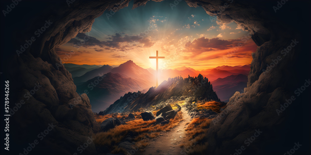 Cross of jesus christ on calvary sunset background for good friday he is risen in easter day, Slave hope worship in God. Easter. He is risen. Silhouette cross on mountain sunset background.