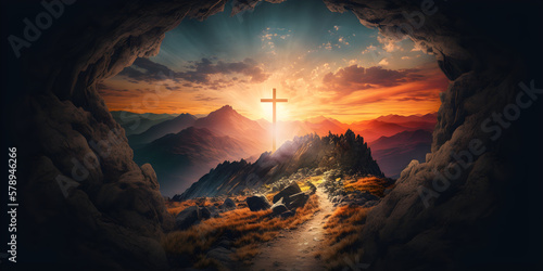 Cross of jesus christ on calvary sunset background for good friday he is risen in easter day, Slave hope worship in God. Easter. He is risen. Silhouette cross on mountain sunset background.