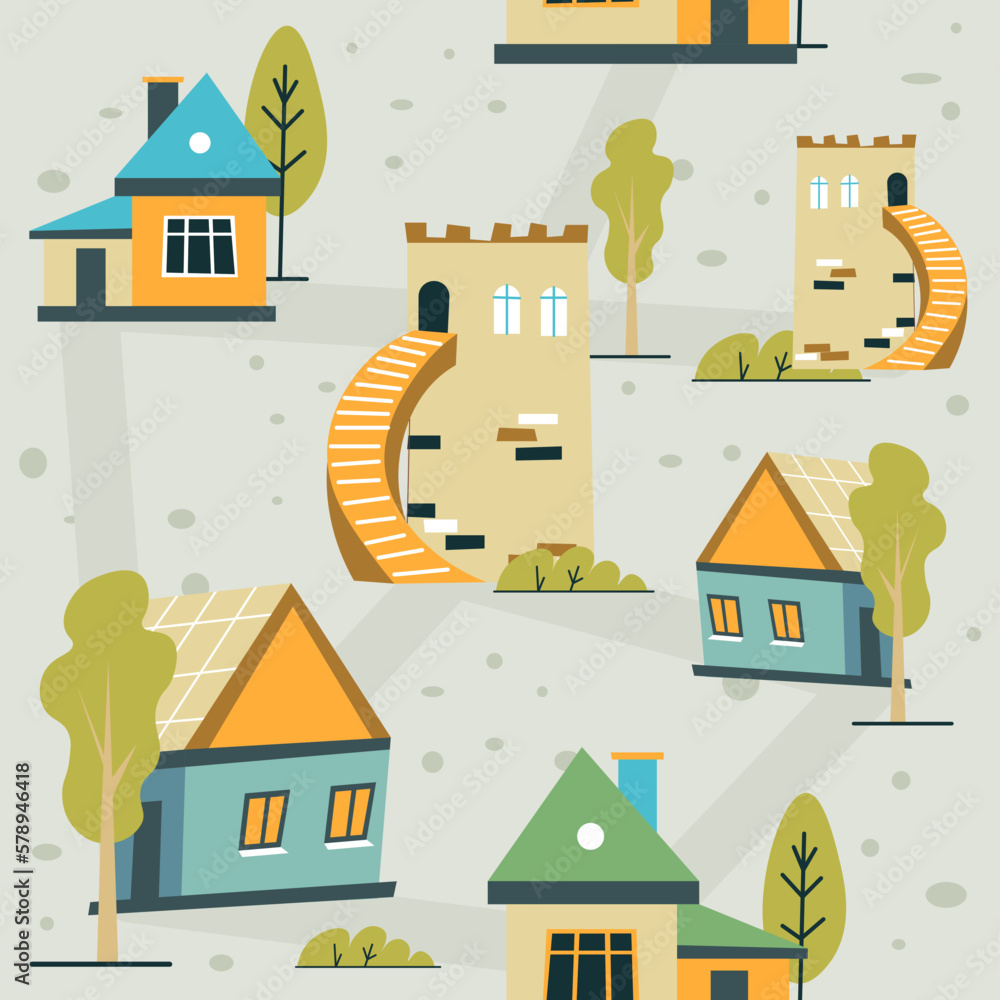 Houses and historical buildings seamless pattern