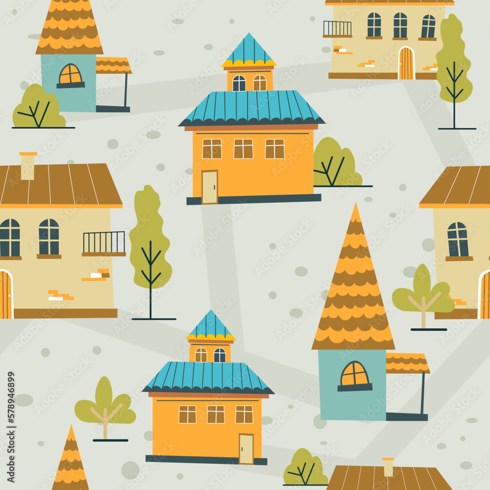 Rustic buildings for living, houses seamless pattern
