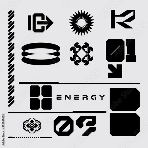 Futuristic abstract shape symbol element vector clip art cyberpunk interface icon, triagle, robotic head modern monochrome web editable