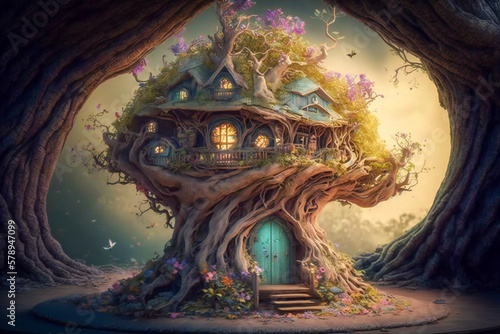Tree fairy house. Created with Generative AI technology. photo