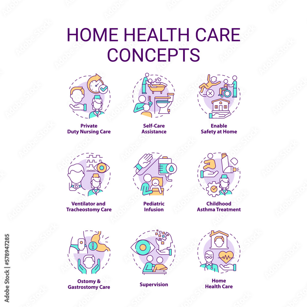 Home health care concept icons set. Medical services providers. Nursing and assistance idea thin line color illustrations. Isolated symbols. Editable stroke. Roboto-Medium, Myriad Pro-Bold fonts used