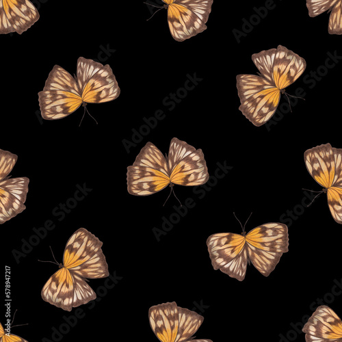 Seamless Pattern with Hand Drawn Colorful Butterflies on Black Background. Digital Paper with Butterfly. © Irinka Dimkovna