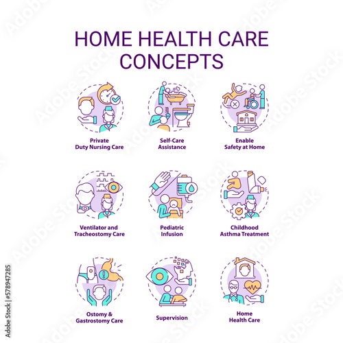 Home health care concept icons set. Medical services providers. Nursing and assistance idea thin line color illustrations. Isolated symbols. Editable stroke. Roboto-Medium, Myriad Pro-Bold fonts used