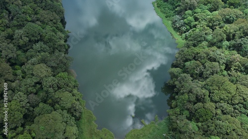 Aerial imagery of the Ranjeng lake which can hypnotize every visitor and the footage is taken using a drone which is located in a hidden village above the clouds in Indonesia