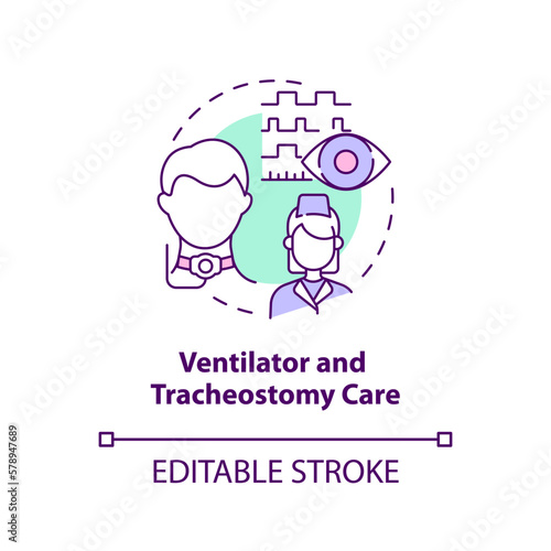 Ventilator and tracheostomy care concept icon. Private duty nursing care abstract idea thin line illustration. Isolated outline drawing. Editable stroke. Arial, Myriad Pro-Bold fonts used
