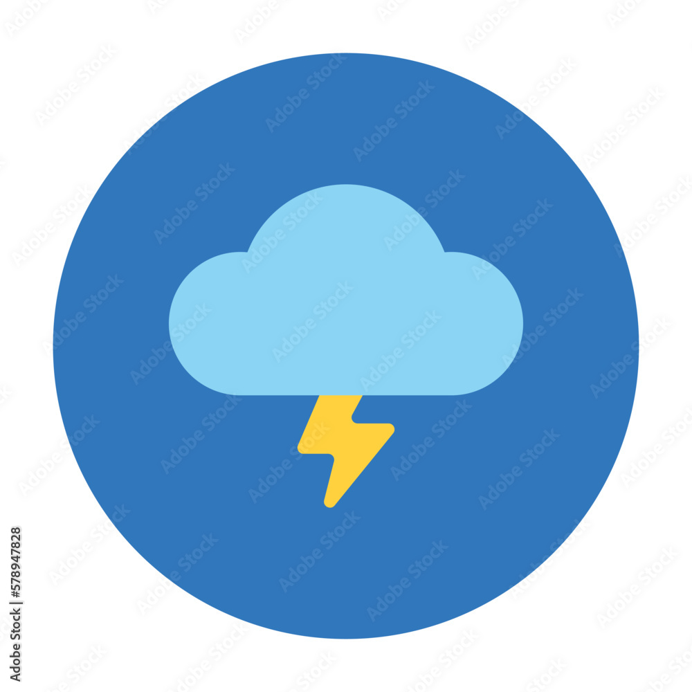 Basic weather icon of thunderstorm. Cloud and lightning on blue circle. Flat clipart. Can be used for web, apps, stickers. Isolated vector and PNG illustration on transparent background.