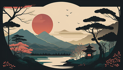 Rideaux Beige Japan - Minimalistic flat design landscape illustration. Image for a wallpaper,  background,  postcard or poster. Generative AI  © Zerbor