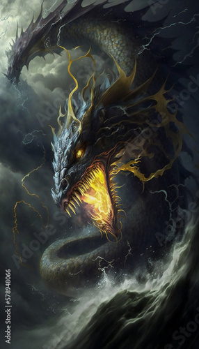 Dragon descending from storm clouds over s stormy sea. Created with Generative AI technology.