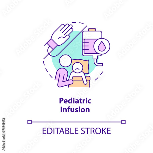Pediatric infusion concept icon. Intravenous injection. Home health care for kid abstract idea thin line illustration. Isolated outline drawing. Editable stroke. Arial, Myriad Pro-Bold fonts used