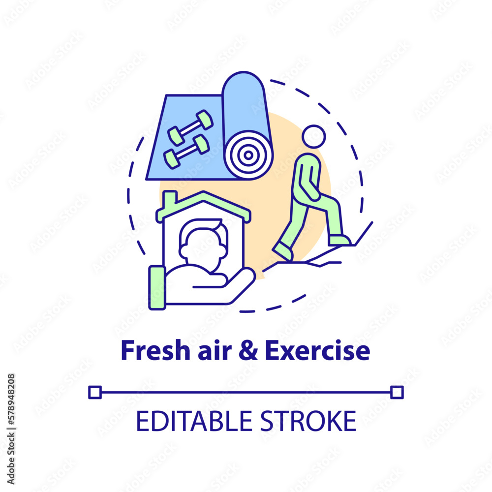 Fresh air and exercise concept icon. Workout. Remote workplace wellbeing tip abstract idea thin line illustration. Isolated outline drawing. Editable stroke. Arial, Myriad Pro-Bold fonts used Fresh air and exercise concept icon. Workout. Remote workplace wellbeing tip abstract idea thin line illustration. Isolated outline drawing. Editable stroke. Arial, Myriad Pro-Bold fonts used