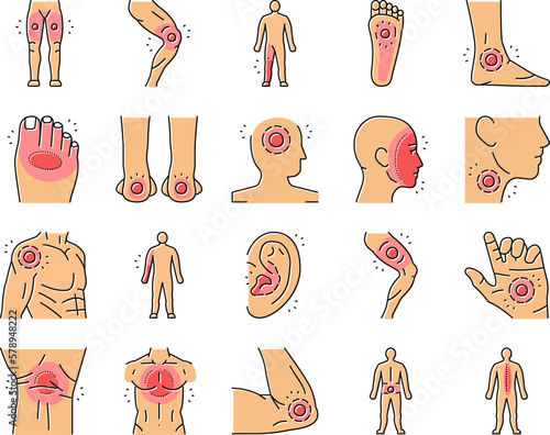 pain body ache health back icons set vector
